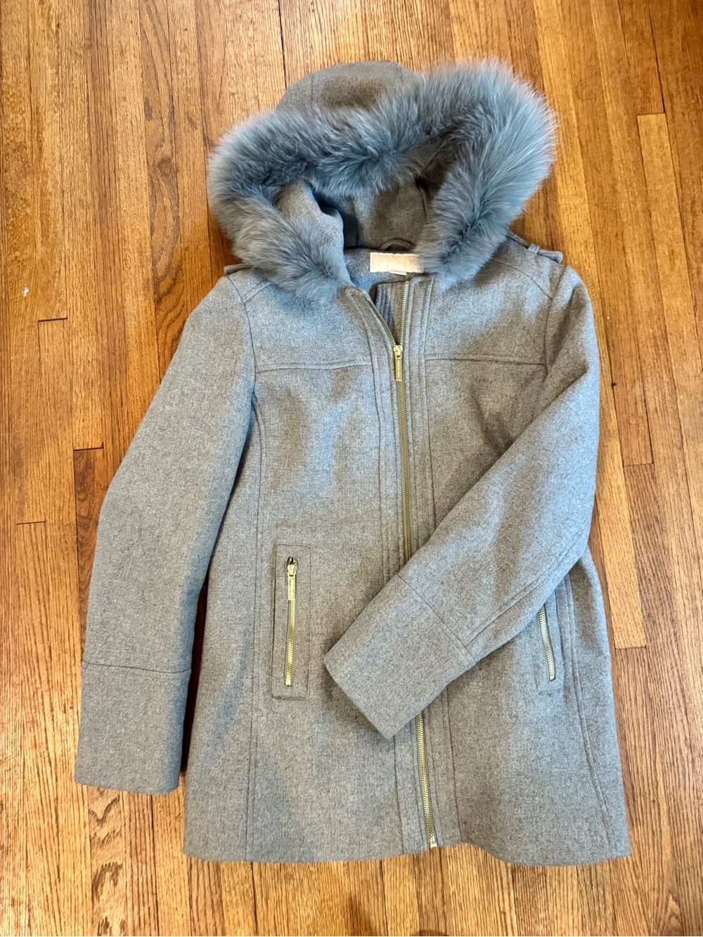 Michael Kors Light Gray Hooded Wool Blend Pea Coat with Rabbit Fur Trim